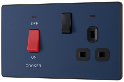 BG PCDDB70B Matt Blue Evolve 45A 2 Pole Cooker Control Unit 13A Switched Socket - Black Insert