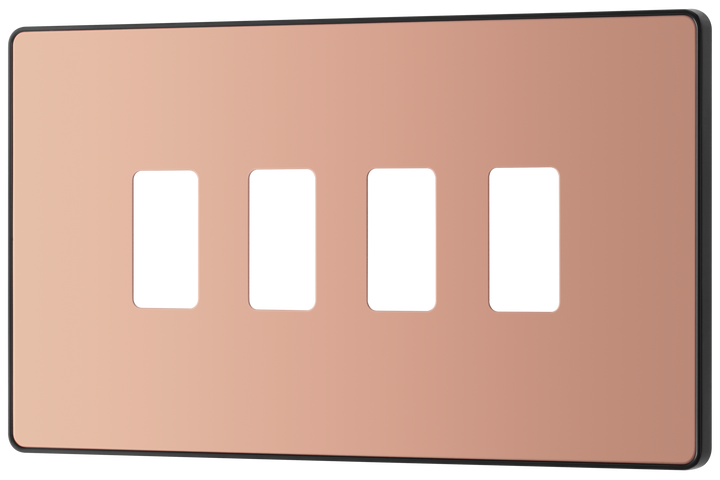 RPCDCP4B Front - The Grid modular range from British General allows you to build your own module configuration with a variety of combinations and finishes. This polished copper finish Evolve front plate clips on for a seamless finish, and can accommodate 4 Grid modules - ideal for switches and other domestic applications.