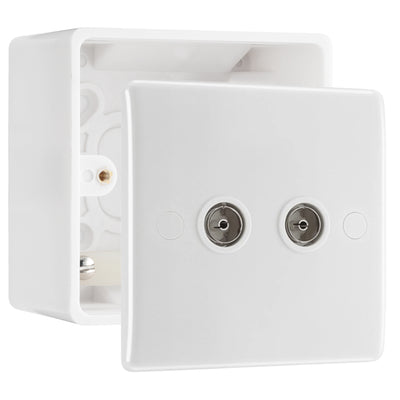 BG Electrical Double TV Aerial Socket White Moulded & 50mm Pattress Back Box by British General (BG-861+877)