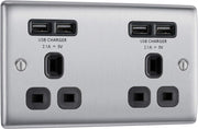 BG NBS24U44B Nexus Metal Brushed Steel 2 Gang 13A 4x USB-A 4.2A Unswitched Socket - Black Insert by British General (BG-NBS24U44B)