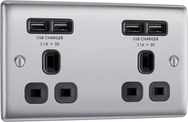 BG NBS24U44B Nexus Metal Brushed Steel 2 Gang 13A 4x USB-A 4.2A Unswitched Socket - Black Insert