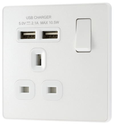  PCDCL21U2W Front - This Evolve pearlescent white 13A single power socket from British General comes with two USB charging ports, allowing you to plug in an electrical device and charge mobile devices simultaneously without having to sacrifice a power socket.