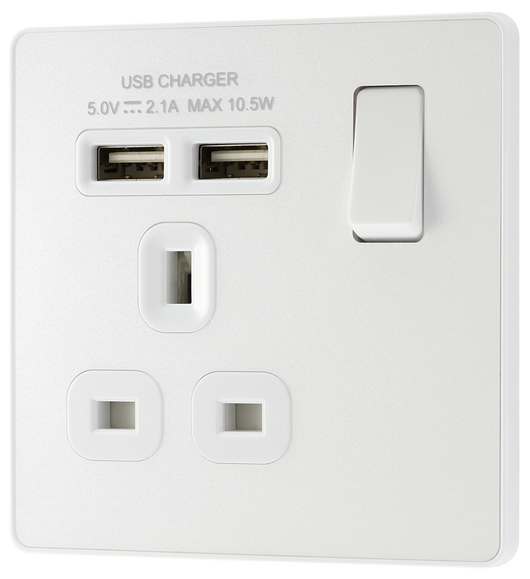  PCDCL21U2W Front - This Evolve pearlescent white 13A single power socket from British General comes with two USB charging ports, allowing you to plug in an electrical device and charge mobile devices simultaneously without having to sacrifice a power socket.