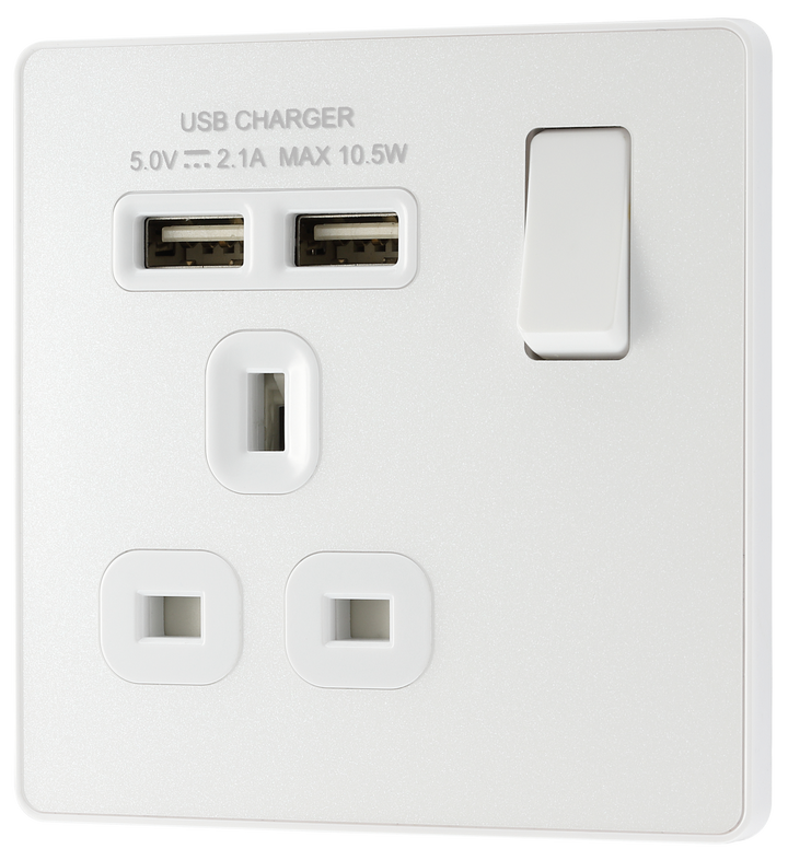  PCDCL21U2W Front - This Evolve pearlescent white 13A single power socket from British General comes with two USB charging ports, allowing you to plug in an electrical device and charge mobile devices simultaneously without having to sacrifice a power socket.