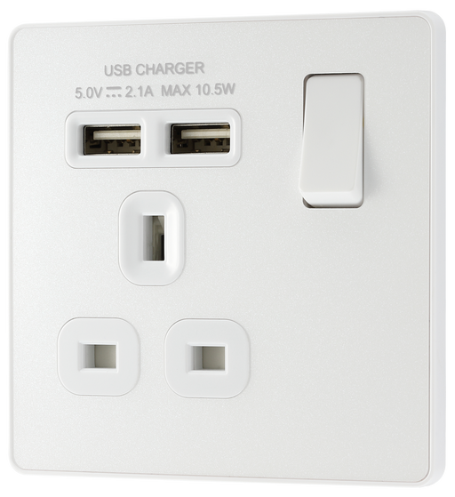  PCDCL21U2W Front - This Evolve pearlescent white 13A single power socket from British General comes with two USB charging ports, allowing you to plug in an electrical device and charge mobile devices simultaneously without having to sacrifice a power socket.