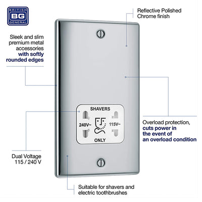 BG NPC20W Nexus Metal Polished Chrome 115-230V Dual Voltage Shaver Socket - White Insert