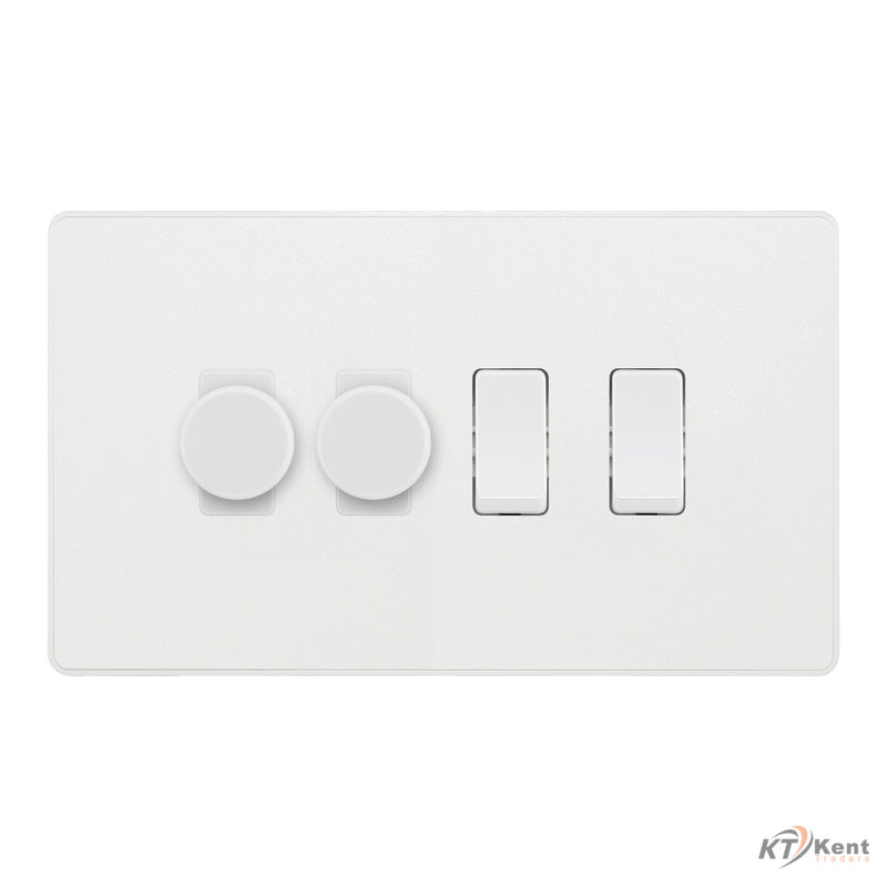 BG Evolve Pearlescent White 4 Gang Light Switch 2x Dual Mode LED Dimmer 2x 2 Way Custom Switch