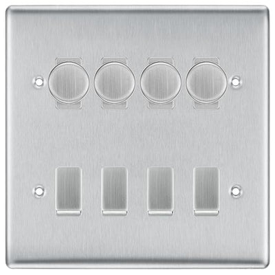BG Nexus Brushed Steel 8 Gang Switch 4x Trailing Edge LED Dimmer, 2x Intermediate, 2x 2-Way Switch by British General (BG-Nexus-BS-8G-4x-Dimmer-2x-INT-2x-2Way)