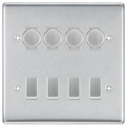 BG Nexus Brushed Steel 8 Gang Switch 4x Trailing Edge LED Dimmer, 2x Intermediate, 2x 2-Way Switch by British General (BG-Nexus-BS-8G-4x-Dimmer-2x-INT-2x-2Way)