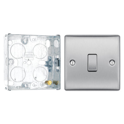 BG Nexus Brushed Steel 20A 2 Way Single Light Switch NBS12 with 25mm Steel Back Box by British General (BG-NBS12+HGS02)