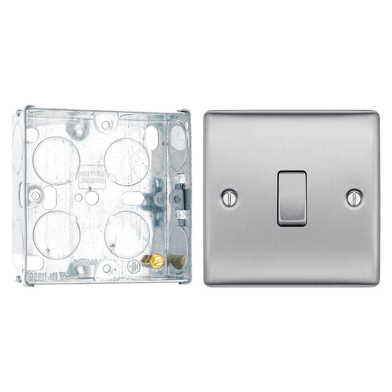 BG Nexus Brushed Steel 20A 2 Way Single Light Switch NBS12 with 25mm Steel Back Box