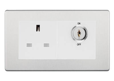 BG Screwless Brushed Steel 13A Double Pole Key Controlled Socket – White Inserts
