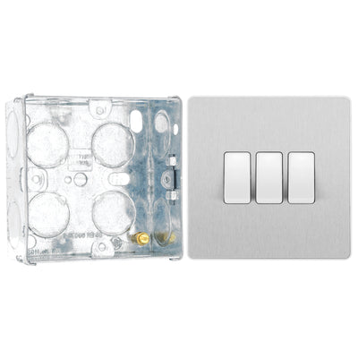 BG Evolve Brushed Steel 3 Gang 20A 16AX 2 Way Light Switch PCDBS43W with 35mm Steel Back Box