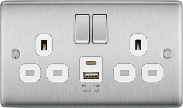 BG NBS22UAC12W Brushed Steel Double Socket with USB 12W Type A & C USB White Inserts