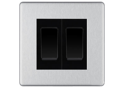BG Screwless Brushed Steel 2-Gang Light Switch 1x 2-Way + 1x Intermediate – Black Inserts by British General (BG-SCRL-BS-2G-Combo-1x INT-1x 2WAY BL)