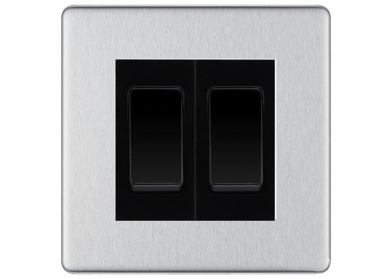 BG Screwless Brushed Steel 2-Gang Light Switch 1x 2-Way + 1x Intermediate – Black Inserts