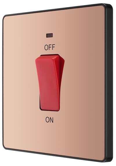 PCDCP74B Front - This Evolve Polished Copper 45A double pole switch with indicator from British General is ideal for use with cookers and ovens.