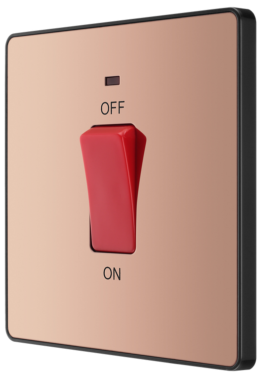 PCDCP74B Front - This Evolve Polished Copper 45A double pole switch with indicator from British General is ideal for use with cookers and ovens.