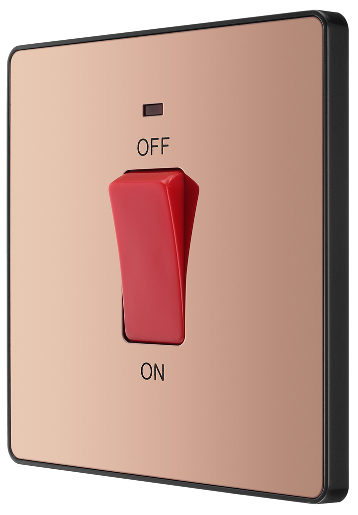 PCDCP74B Front - This Evolve Polished Copper 45A double pole switch with indicator from British General is ideal for use with cookers and ovens.