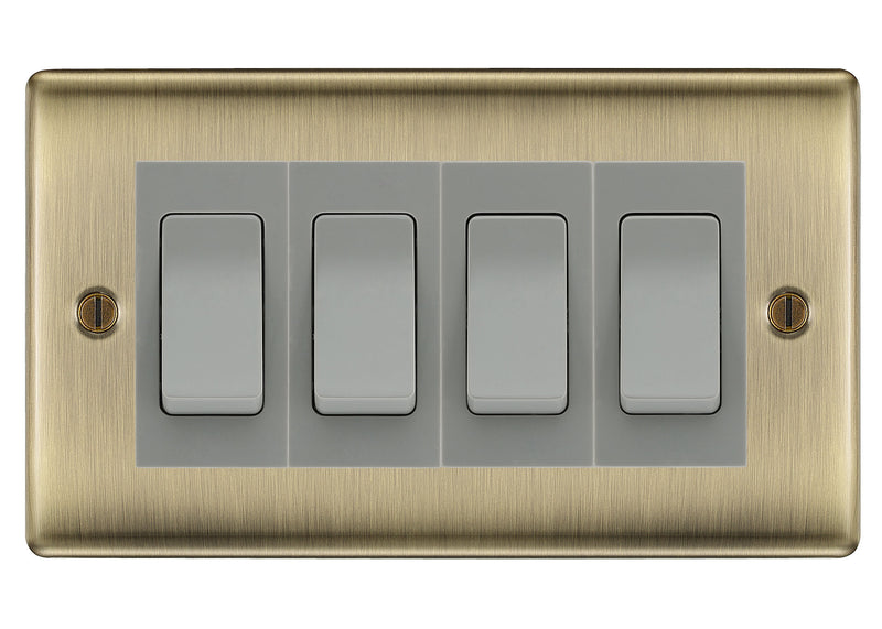 BG Nexus Antique Brass 4-Gang Light Switch 3x 2-Way + 1x Intermediate – Grey Inserts