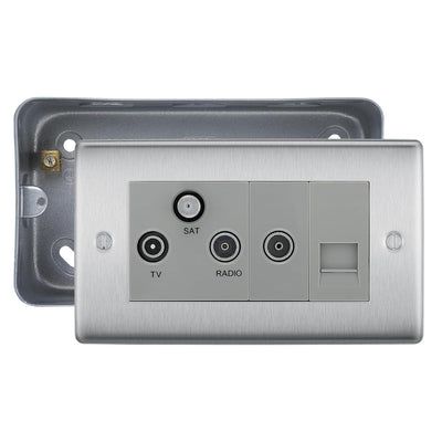 BG Nexus Brushed Steel Triplex TV/FM/Sat Socket + Return & Tel. with Surface Pattress Back Box by British General (BG-NBS68+MC502)