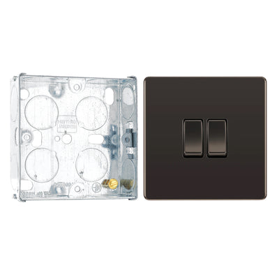 BG Screwless Black Nickel 20A 16AX 2 Way Double Light Switch FBN42 with 25mm Steel Back Box