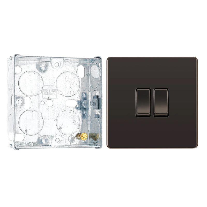 BG Screwless Black Nickel 20A 16AX 2 Way Double Light Switch FBN42 with 25mm Steel Back Box