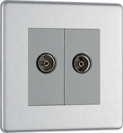 BG FBS66 Flatplate Screwless Diplex TV/FM socket, 2 gang, Brushed Steel - Grey Insert by British General (BG-FBS66-Shopify-SA_1)