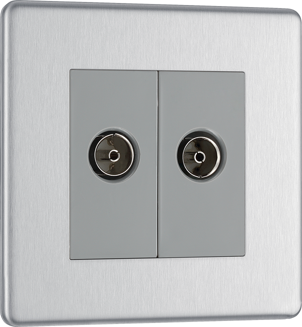 BG FBS66 Flatplate Screwless Diplex TV/FM socket, 2 gang, Brushed Steel - Grey Insert