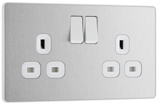 PCDBS22W Front - This Evolve Brushed Steel 13A double switched socket from British General has been designed with angled in line colour coded terminals and backed out captive screws for ease of installation, and fits a 25mm back box making it an ideal retro-fit replacement for existing sockets.