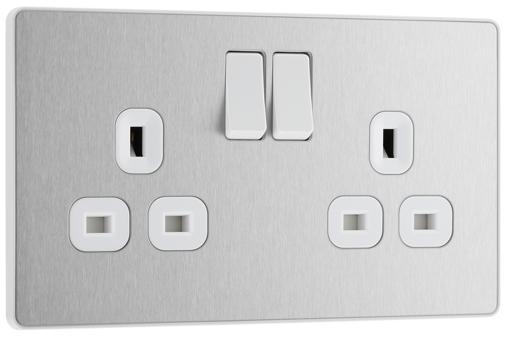 PCDBS22W Front - This Evolve Brushed Steel 13A double switched socket from British General has been designed with angled in line colour coded terminals and backed out captive screws for ease of installation, and fits a 25mm back box making it an ideal retro-fit replacement for existing sockets.