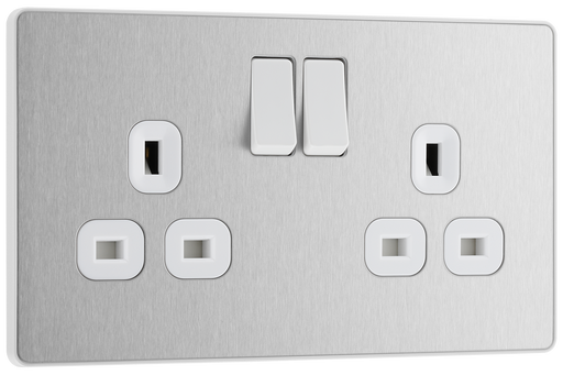 PCDBS22W Front - This Evolve Brushed Steel 13A double switched socket from British General has been designed with angled in line colour coded terminals and backed out captive screws for ease of installation, and fits a 25mm back box making it an ideal retro-fit replacement for existing sockets.
