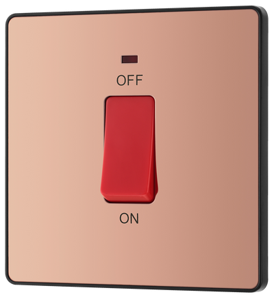 PCDCP74B Front - This Evolve Polished Copper 45A double pole switch with indicator from British General is ideal for use with cookers and ovens.