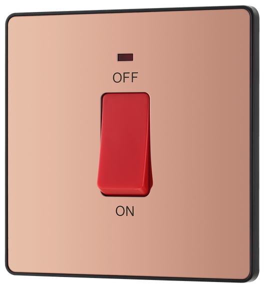 PCDCP74B Front - This Evolve Polished Copper 45A double pole switch with indicator from British General is ideal for use with cookers and ovens.