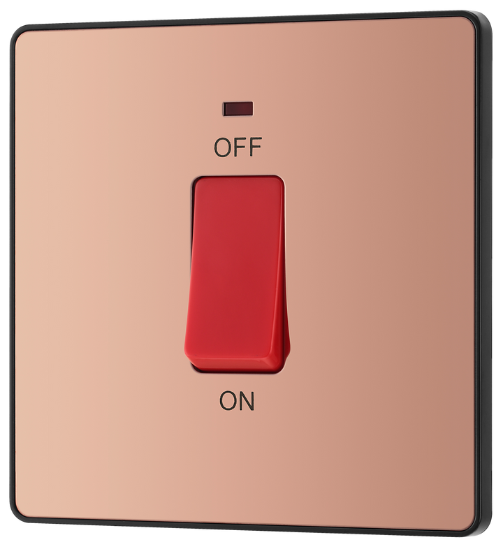 PCDCP74B Front - This Evolve Polished Copper 45A double pole switch with indicator from British General is ideal for use with cookers and ovens.