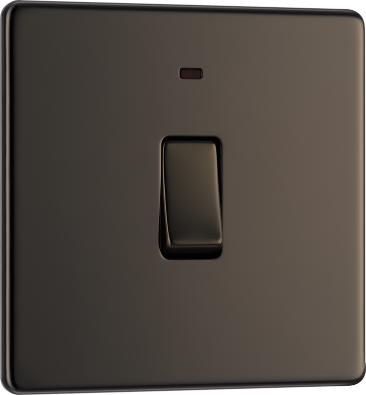 FBN31 Front - This Screwless Flat plate black nickel finish 20A double pole switch with indicator from British General has been designed for the connection of refrigerators water heaters, central heating boilers and many other fixed appliances.