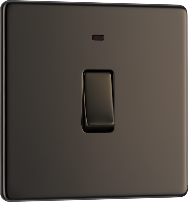 FBN31 Front - This Screwless Flat plate black nickel finish 20A double pole switch with indicator from British General has been designed for the connection of refrigerators water heaters, central heating boilers and many other fixed appliances.