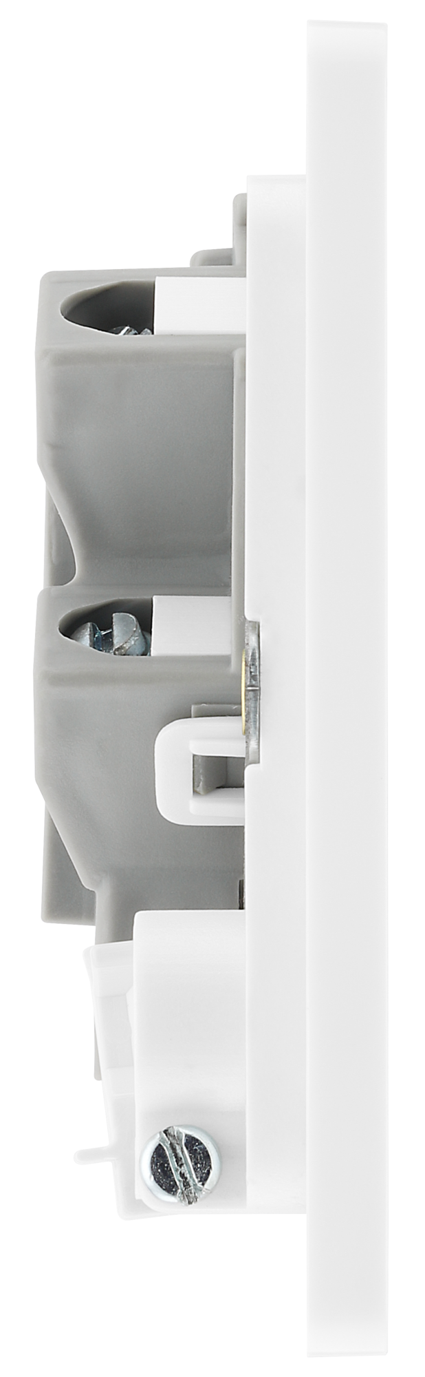 PCDBS54W Side - This Evolve Brushed Steel 13A fused and unswitched connection unit from British General provides an outlet from the mains containing the fuse, ideal for spur circuits and hardwired appliances.