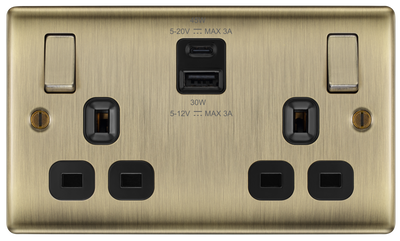 BG NAB22UAC45B Antique Brass Double Socket with USB 45W Type A & Type C USB