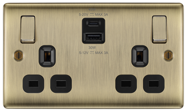 BG NAB22UAC45B Antique Brass Double Socket with USB 45W Type A & Type C USB