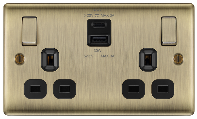 BG NAB22UAC45B Antique Brass Double Socket with USB 45W Type A & Type C USB