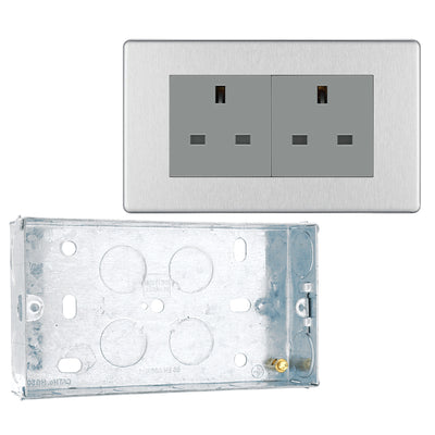BG Screwless Brushed Steel 13A Flatplate Double Socket Unswitched FBS24G with 25mm Steel Back Box by British General (BG-FBS24G+HGS04)