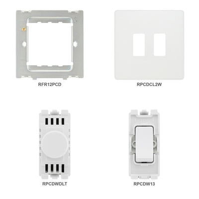 BG Evolve Pearlescent White 2 Gang Switch 1x Dual Mode LED Dimmer 1x Intermediate Grid Switch - Supplied as Separate Grid Parts (Assembly Needed)