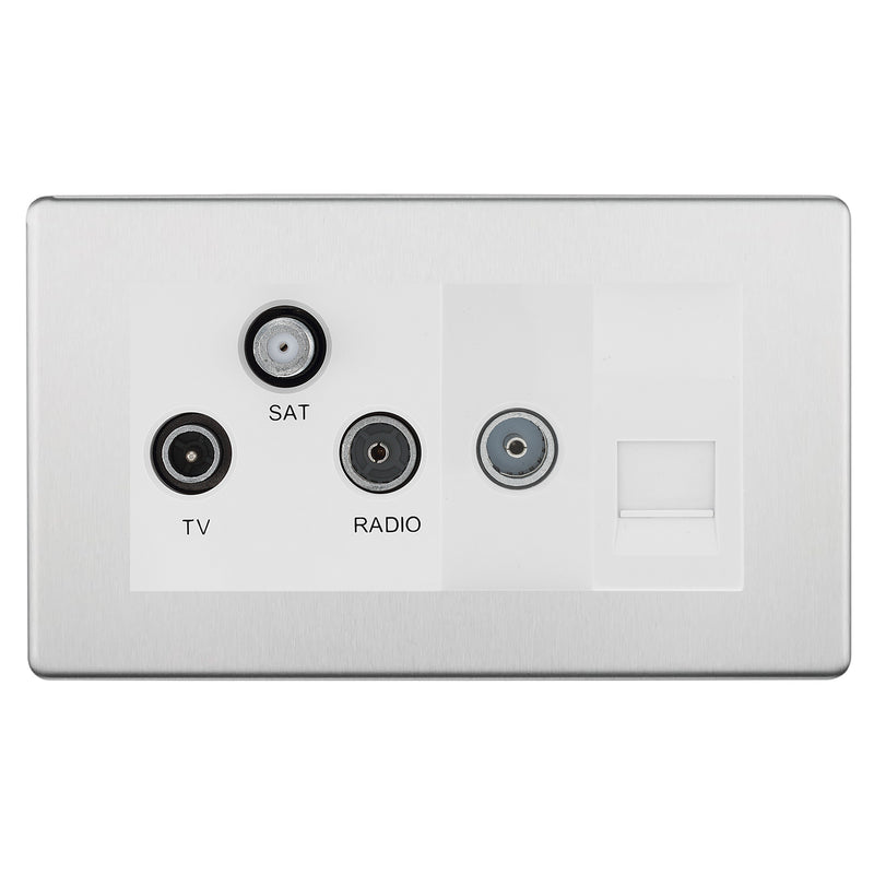 BG Screwless Brushed Steel TV/FM/SAT + Return & 1 Gang Tel - Screened Triplex Socket FBS68W