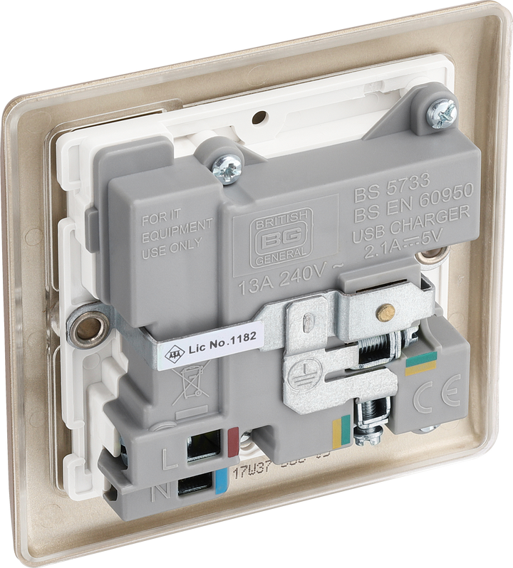 NPR21U2W Back - This 13A single power socket from British General comes with two USB charging ports allowing you to plug in an electrical device and charge mobile devices simultaneously without having to sacrifice a power socket. The Nexus Metal range has a sleek and slim profile with softly rounded edges