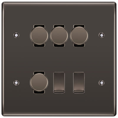 BG Nexus Black Nickel 6 Gang Switch 4x Trailing Edge LED Dimmer, 1x Intermediate, 1x 2-Way Switch by British General (BG-Nexus-BN-6G-4x-Dimmer-1x-INT-1x-2Way)