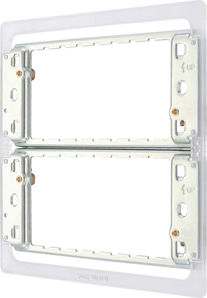 RFR68FP Side - The Grid modular range from British General allows you to build your own module configuration with a variety of combinations and finishes. This universal frame is suitable for installation of Grid screwless flatplates that fit 6 or 8 Grid modules. This frame has a fixed integrated plastic gasket to protect metal edges …