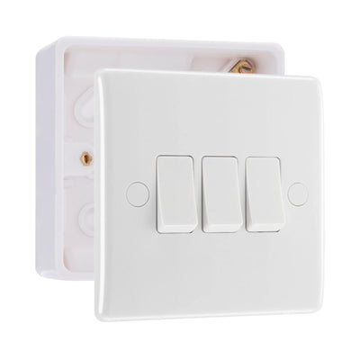 BG Nexus Triple Light Switch 3 Gang 10AX White & 32mm Pattress Back Box by British General (BG-843+891)