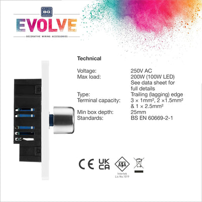 BG PCDBS81W Brushed Steel Evolve 1 Gang 200W Intelligent Trailing Edge Dimmer Switch - White Insert