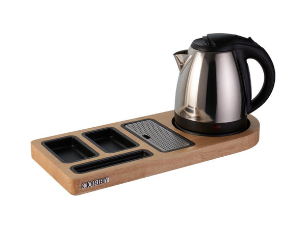 Corby Buckingham Standard Welcome Tray in Light Wood with 1L Kettle in Polished Steel - UK Plug